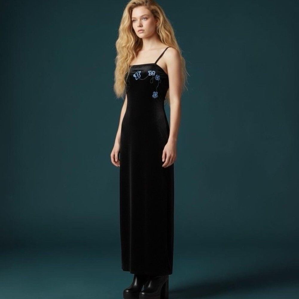 Y2K VTG Navy Stretch Velvet Formal Column Dress Sparkly Butterfly Detail Prom